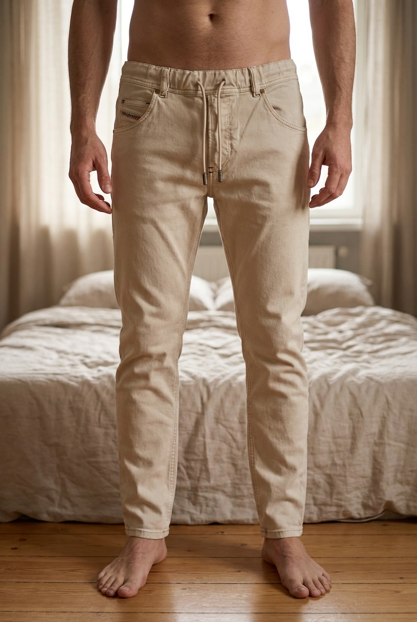 JoggJean Diesel Beige clair Silm Fit - W28 / S debout, face à la caméra, dans une chambre à la lumière douce, avec une lumière naturelle filtrant par la fenêtre.