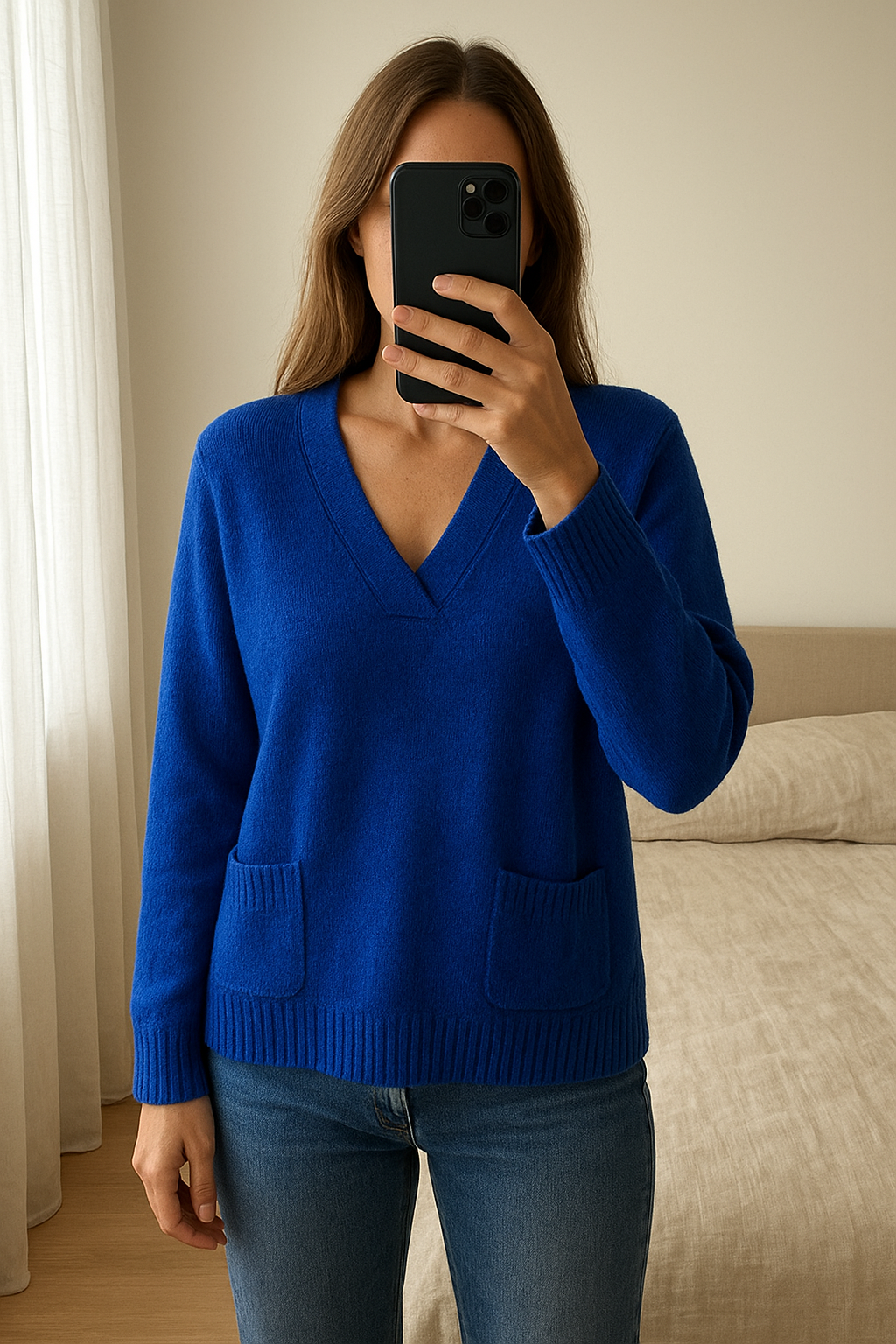 Pull bleu debout, face à la caméra, dans une chambre à la lumière douce, avec une lumière naturelle filtrant par la fenêtre.