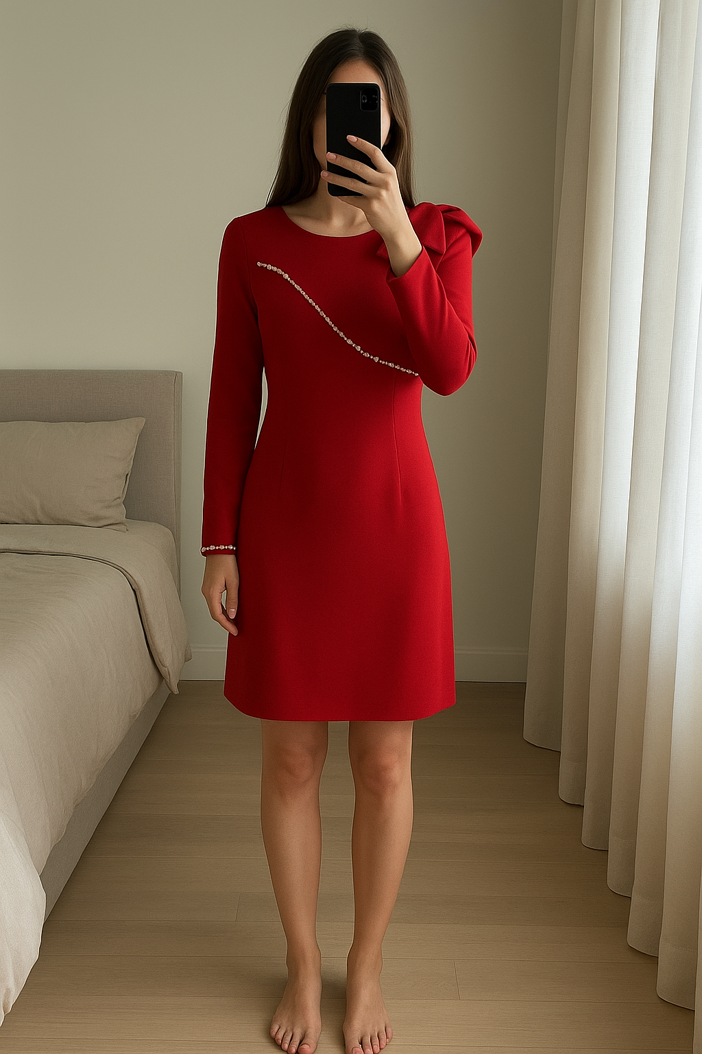 Robe rouge élégante Taille S debout, face à la caméra, dans une chambre à la lumière douce, avec une lumière naturelle filtrant par la fenêtre.