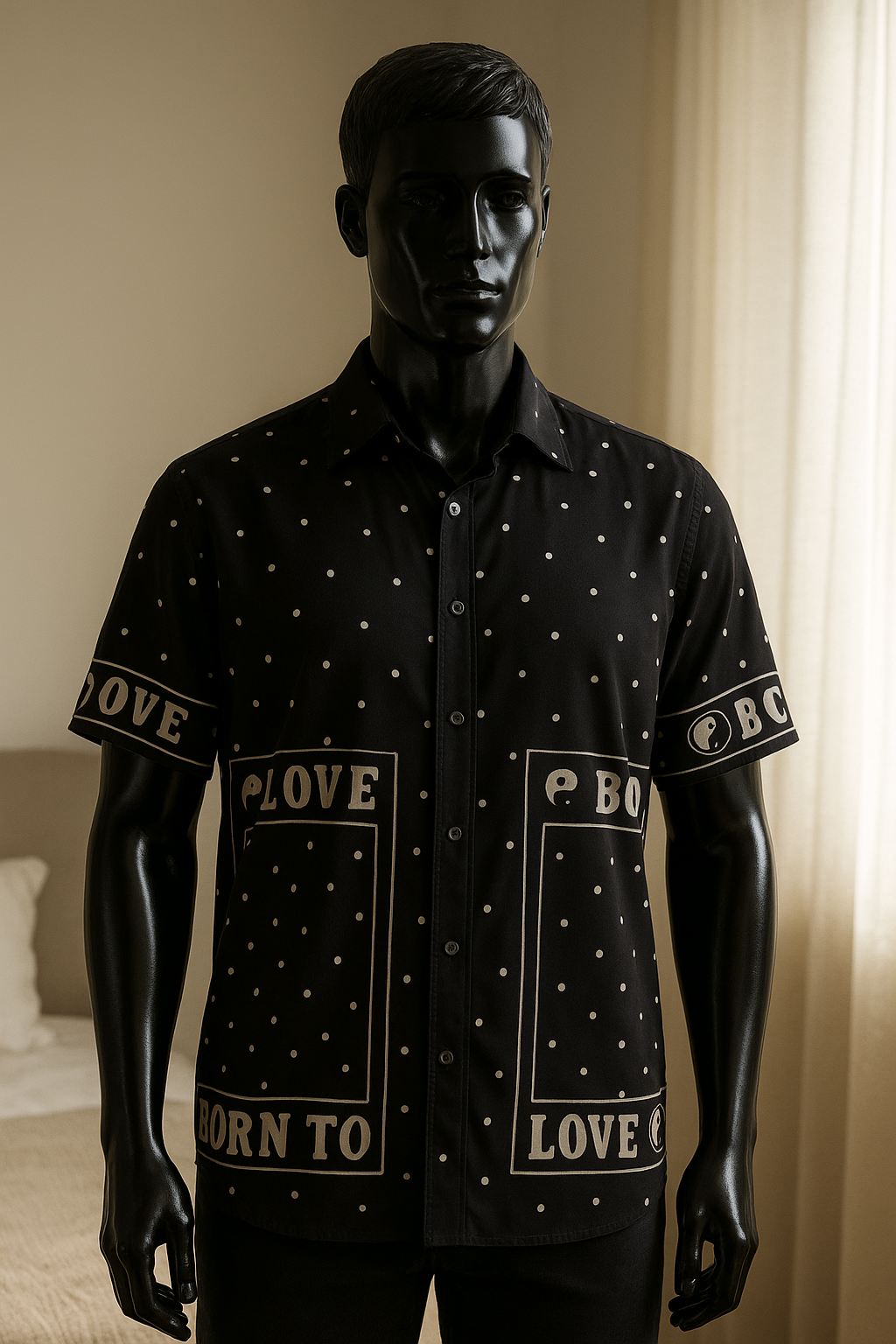 un mannequin noir brillant en plastique, sans traits du visage en Chemise neuve Schoda & Schoot – homme, taille L debout, face à la caméra, avec une silhouette légèrement plus ronde, dans une chambre à la lumière douce, avec une lumière naturelle filtrant par la fenêtre.