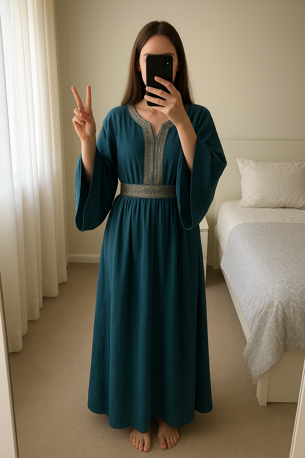 Robe de soirée xs debout, face à la caméra, dans une chambre à la lumière douce, avec une lumière naturelle filtrant par la fenêtre.