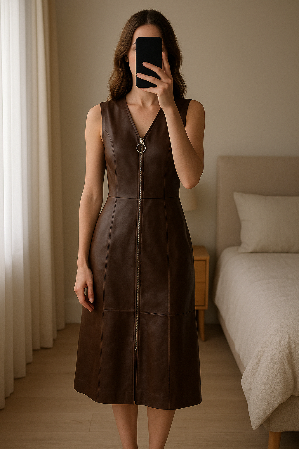 Robe cuir debout, face à la caméra, dans une chambre à la lumière douce, avec une lumière naturelle filtrant par la fenêtre.