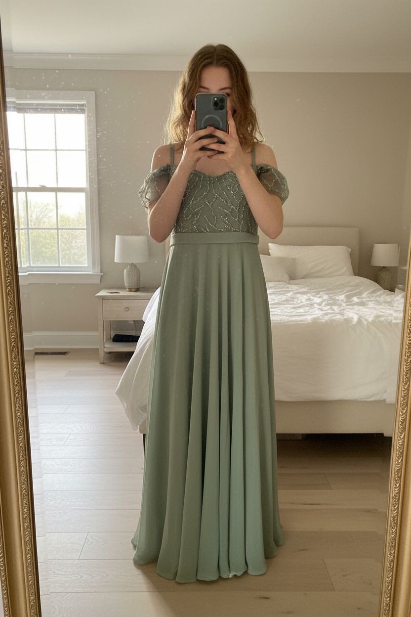 💚 Robe Miss Proto vert d'eau soirée debout, face à la caméra, dans une chambre à la lumière douce, avec une lumière naturelle filtrant par la fenêtre.