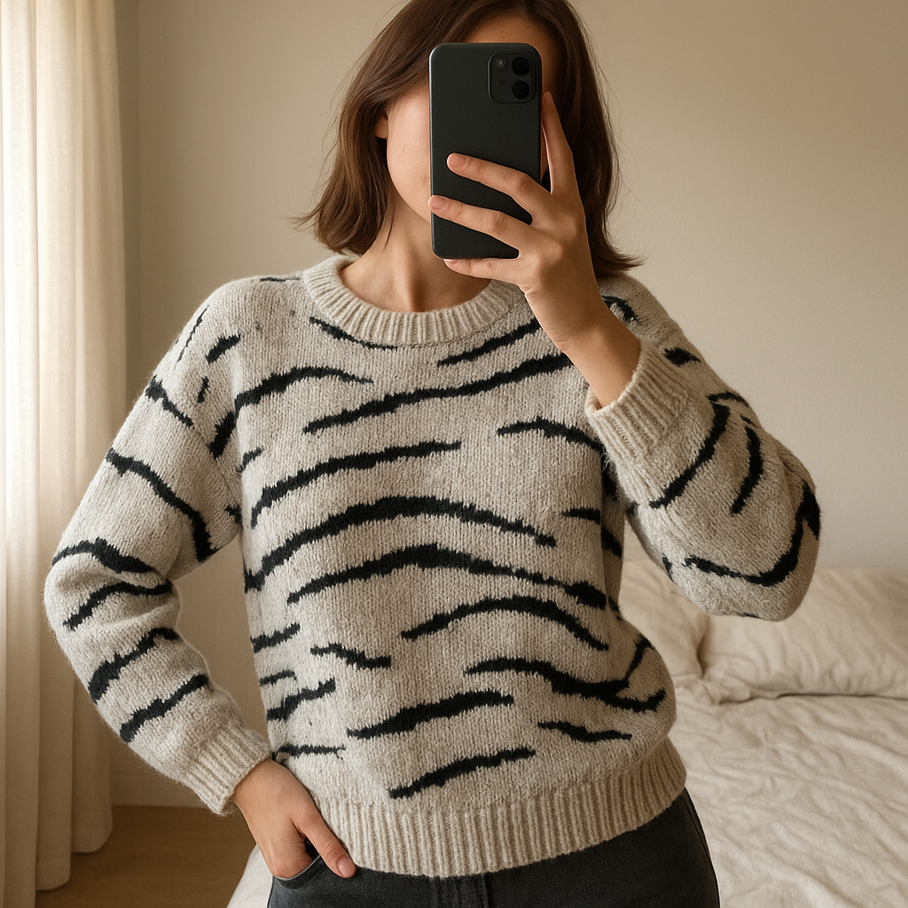 Una persona in Pull à motifs femme M - Maglione Donna M inarcando leggermente la schiena per una posa dinamica, in una camera da letto con luce soffusa e luce naturale che filtra dalla finestra.