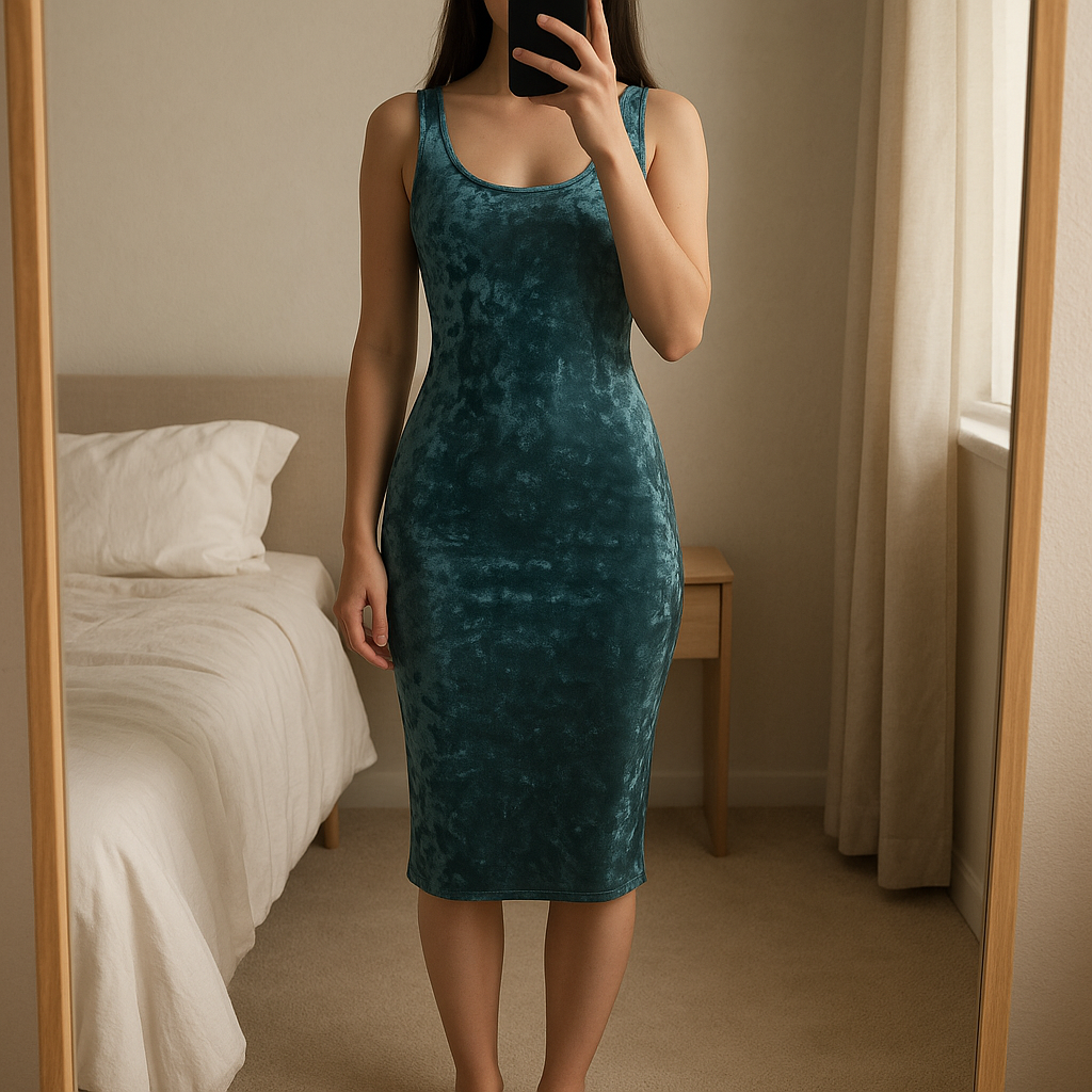 Fashion Nova aqua blue velvety style midi length party dress standing straight facing the camera, in a softly lit bedroom setting, with gentle natural light filtering through a window.