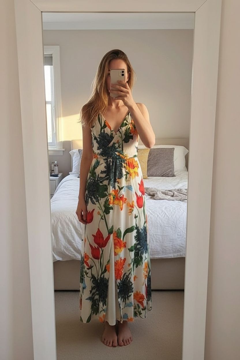 Alice + Olivia Susana Wrap-Effect Floral Print Devore-Chiffon Midi Dress standing straight facing the camera, in a softly lit bedroom setting, with gentle natural light filtering through a window.