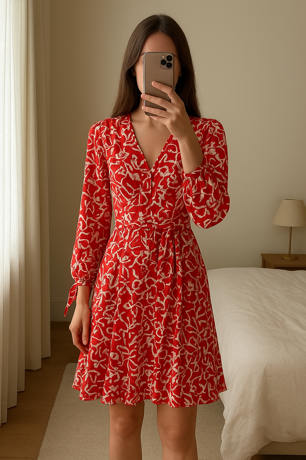 French Connection shirt dress standing straight facing the camera, in a softly lit bedroom setting, with gentle natural light filtering through a window.