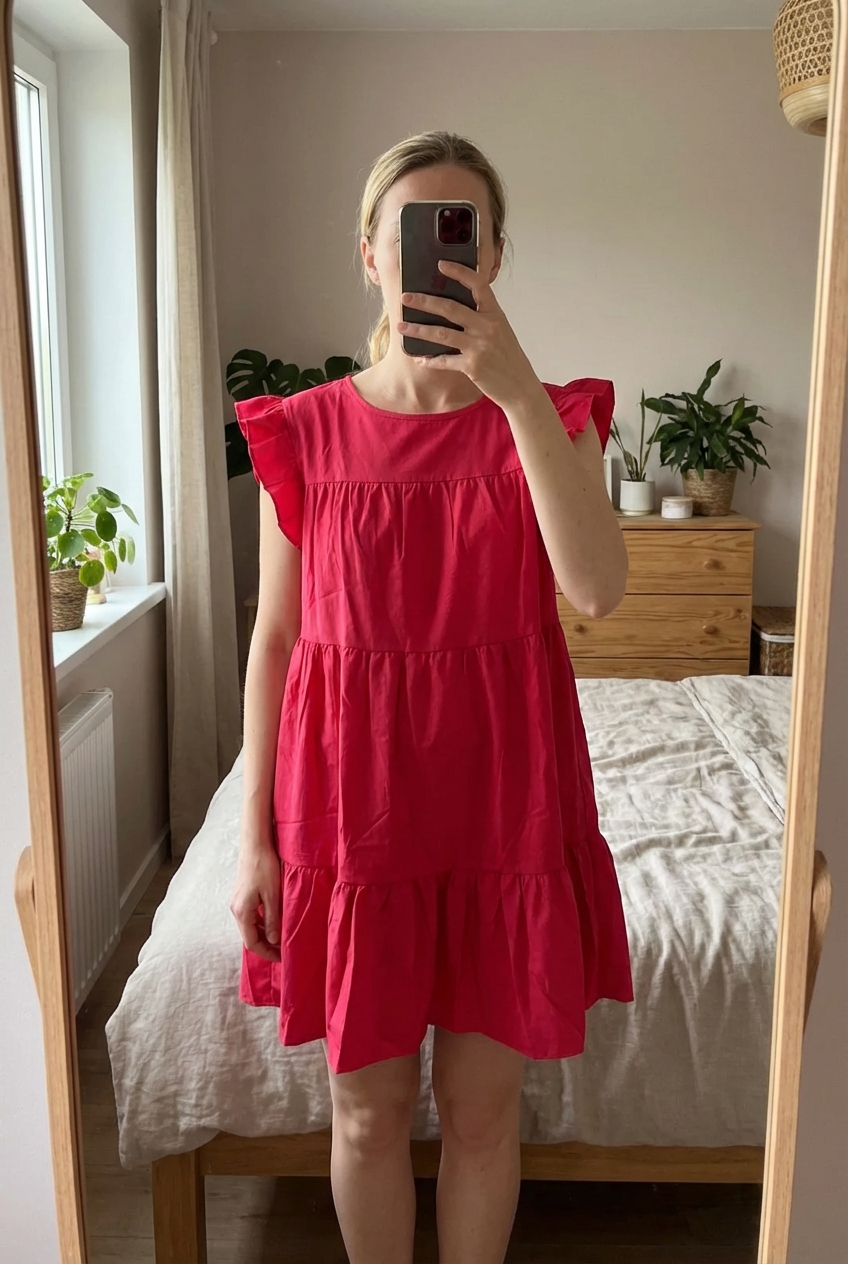 Une personne en Robe rouge courte et élégante debout, face à la caméra, dans une chambre à la lumière douce, avec une lumière naturelle filtrant par la fenêtre.