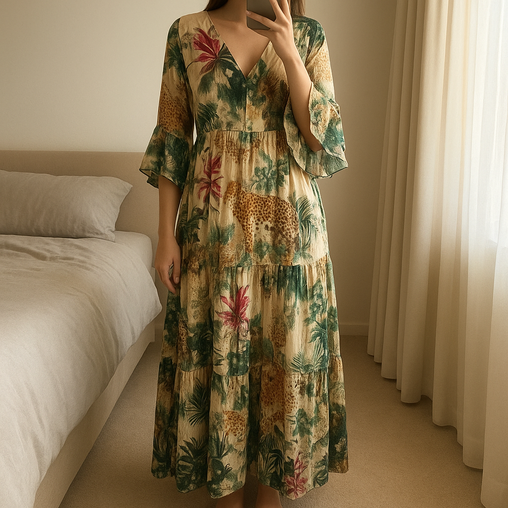 🐆 Robe portefeuille imprimé jungle Tenax – Taille L – Excellent état – Fabriquée en Italie debout, face à la caméra, dans une chambre à la lumière douce, avec une lumière naturelle filtrant par la fenêtre.