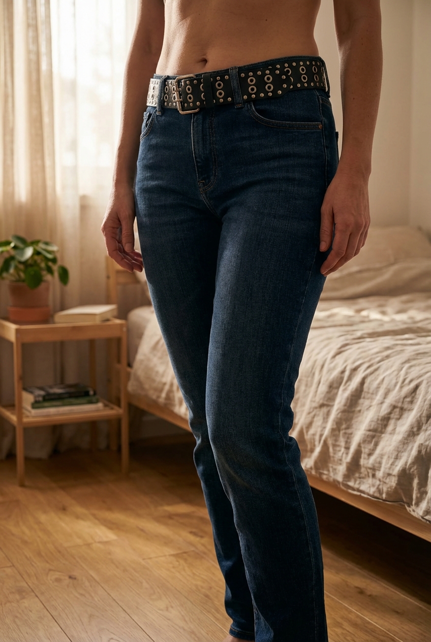 Cintura alta in ecopelle nera, con doppia fibbia e borchie in piedi, rivolto verso la fotocamera, in una camera da letto con luce soffusa e luce naturale che filtra dalla finestra.