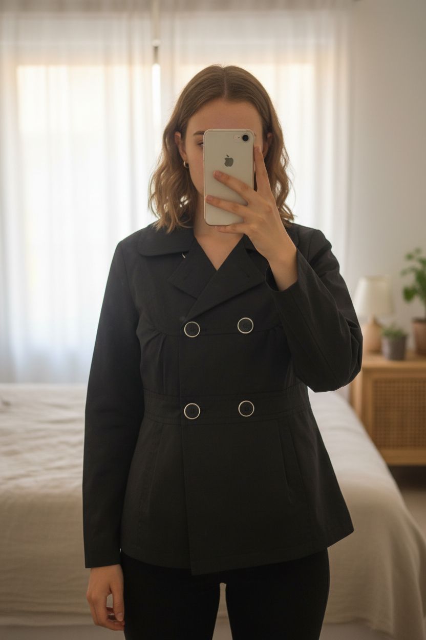 Veste mi-saison noire debout, face à la caméra, dans une chambre à la lumière douce, avec une lumière naturelle filtrant par la fenêtre.