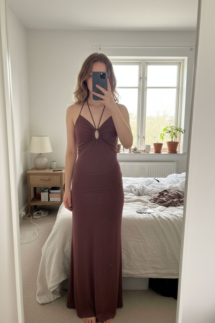 Robe Mango dos nu drapée terracotta – robe soirée / été debout, face à la caméra, dans une chambre à la lumière douce, avec une lumière naturelle filtrant par la fenêtre.