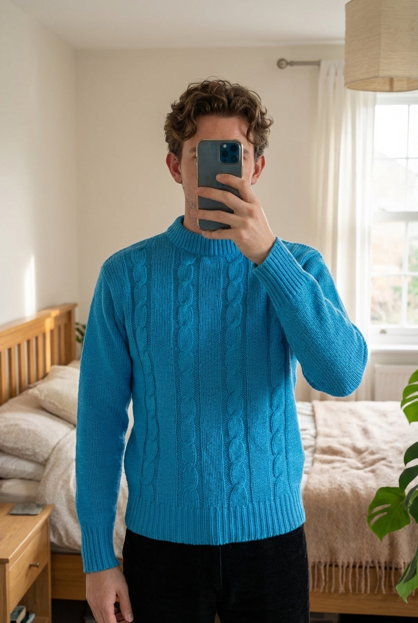 Pull Vintage Torsadé Cableknit Aran Wool Sweater en Laine Acrylique Bleu Aran Craft M debout, face à la caméra, dans une chambre à la lumière douce, avec une lumière naturelle filtrant par la fenêtre.