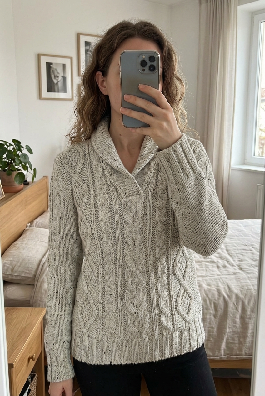 Pull Aran Sweater Laine et viscose Blanc Beige Aran Bershka Made in Italy L debout, face à la caméra, dans une chambre à la lumière douce, avec une lumière naturelle filtrant par la fenêtre.