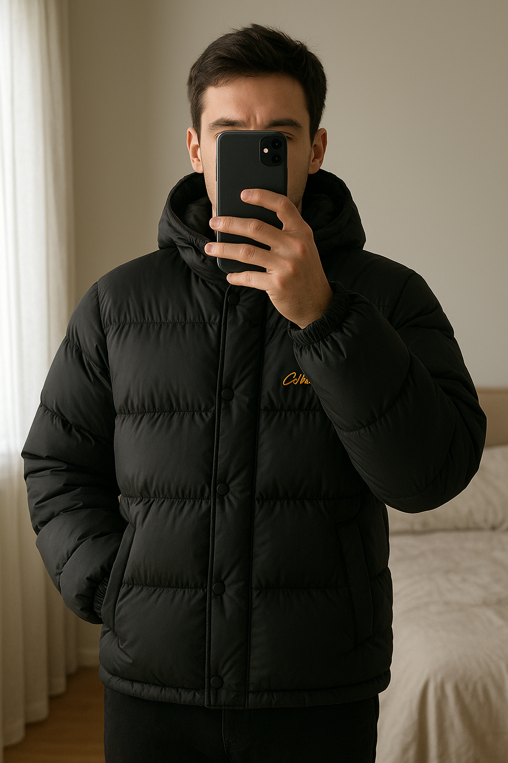 corteiz bolo v2 jacket black yellow 💛🖤 debout, face à la caméra, dans une chambre à la lumière douce, avec une lumière naturelle filtrant par la fenêtre.