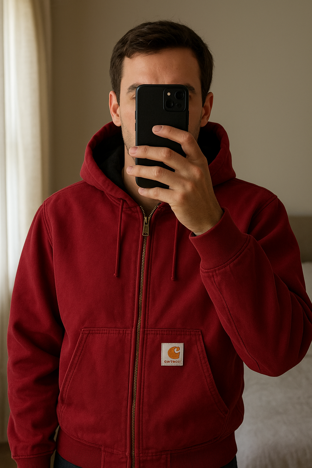 Carhartt Red Jacket S standing straight facing the camera, in a softly lit bedroom setting, with gentle natural light filtering through a window.