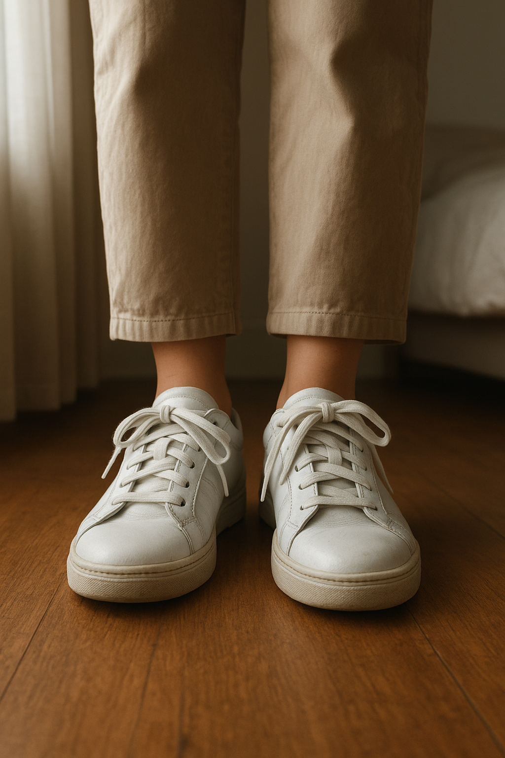 Baskets Nike blanches debout, face à la caméra, dans une chambre à la lumière douce, avec une lumière naturelle filtrant par la fenêtre.