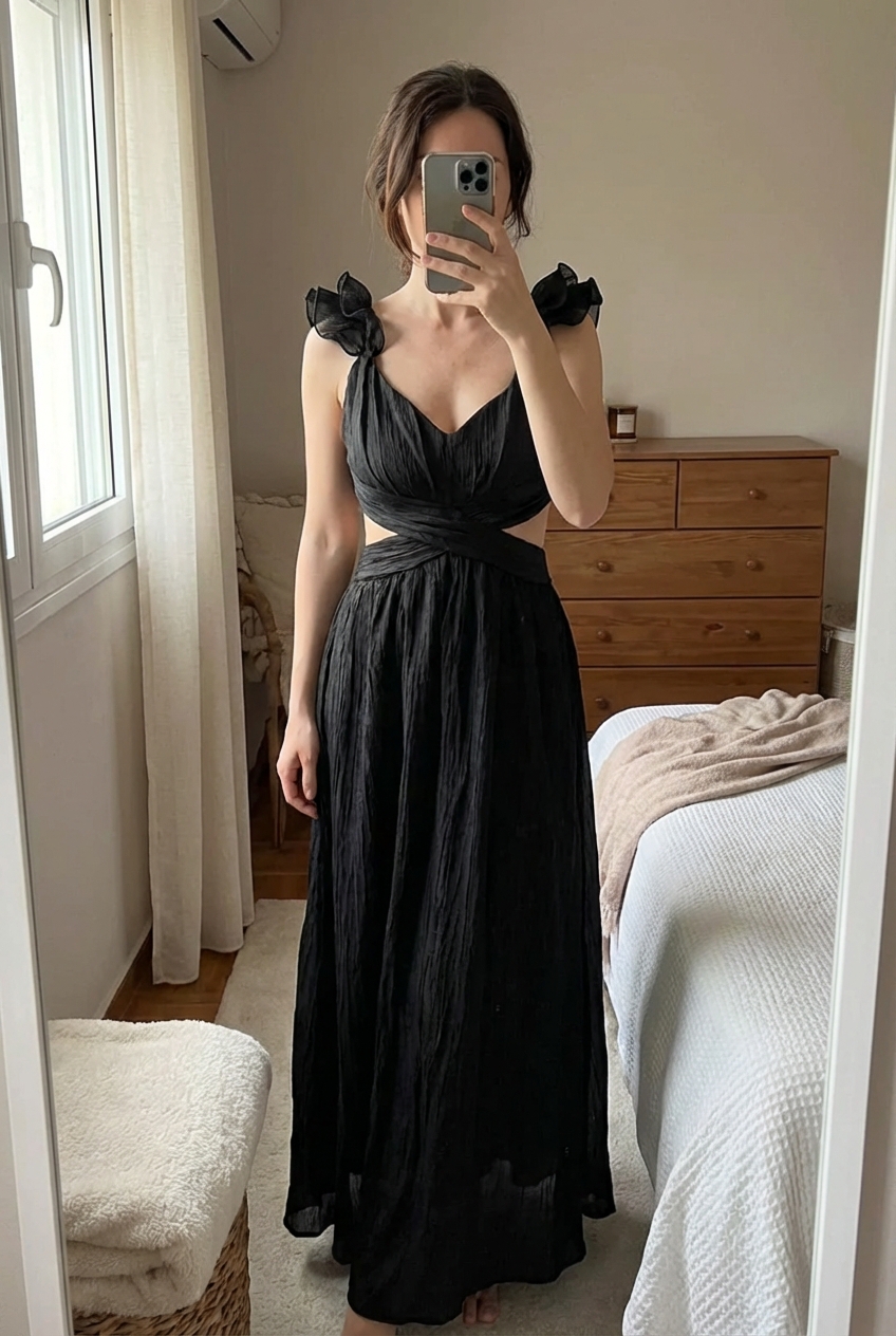 Une personne en Robe chic neuve - femme - M/L- Oh la la debout, face à la caméra, dans une chambre à la lumière douce, avec une lumière naturelle filtrant par la fenêtre.