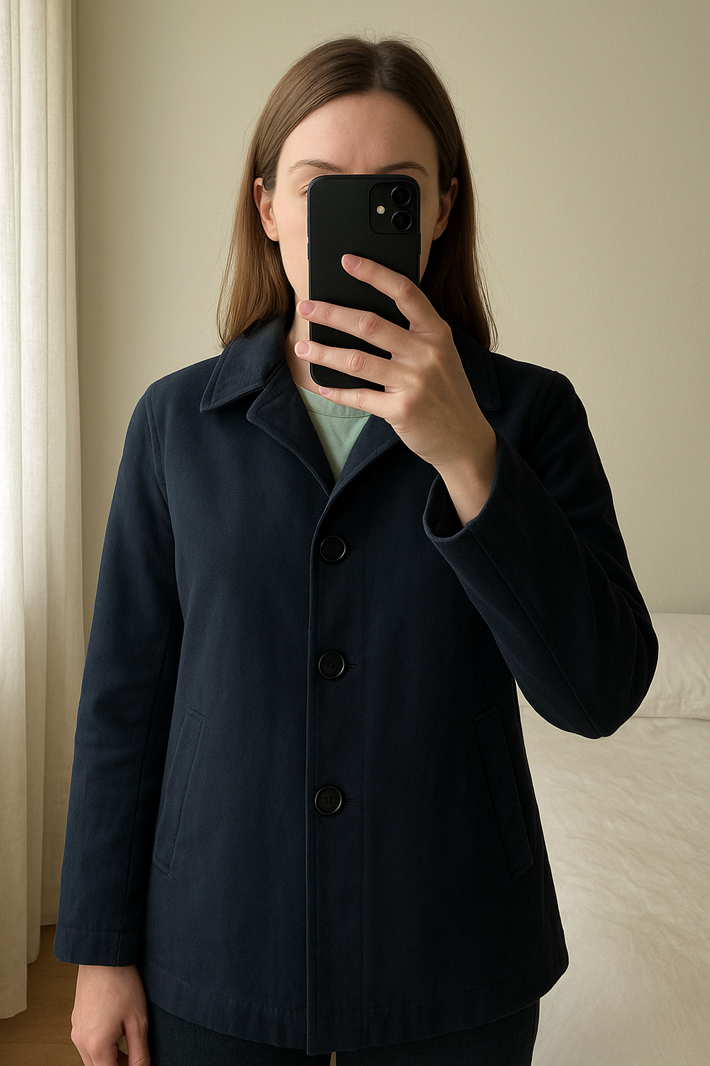 Veste Caban Lacoste debout, face à la caméra, dans une chambre à la lumière douce, avec une lumière naturelle filtrant par la fenêtre.