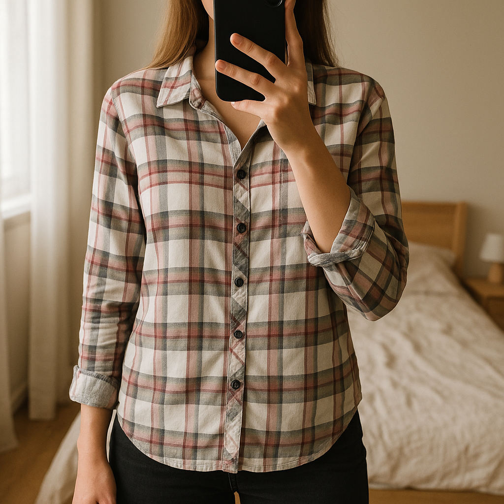 Chemisier Caroll taille 40 debout, face à la caméra, dans une chambre à la lumière douce, avec une lumière naturelle filtrant par la fenêtre.