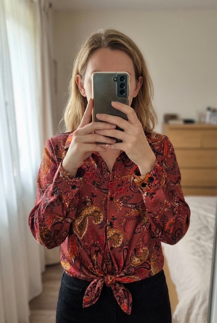 Chemisier debout, face à la caméra, dans une chambre à la lumière douce, avec une lumière naturelle filtrant par la fenêtre.