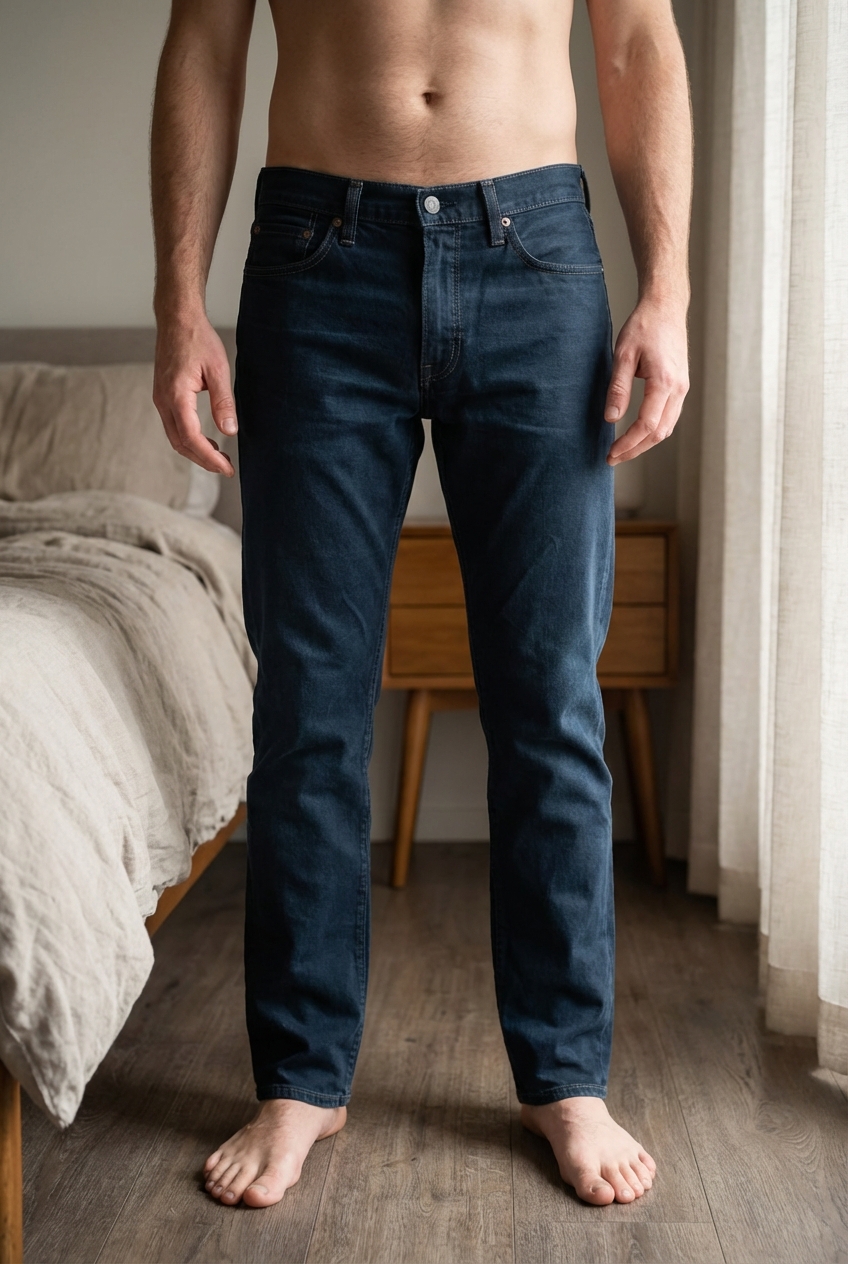 Jean levi’s 504 taille 32/34 debout, face à la caméra, dans une chambre à la lumière douce, avec une lumière naturelle filtrant par la fenêtre.