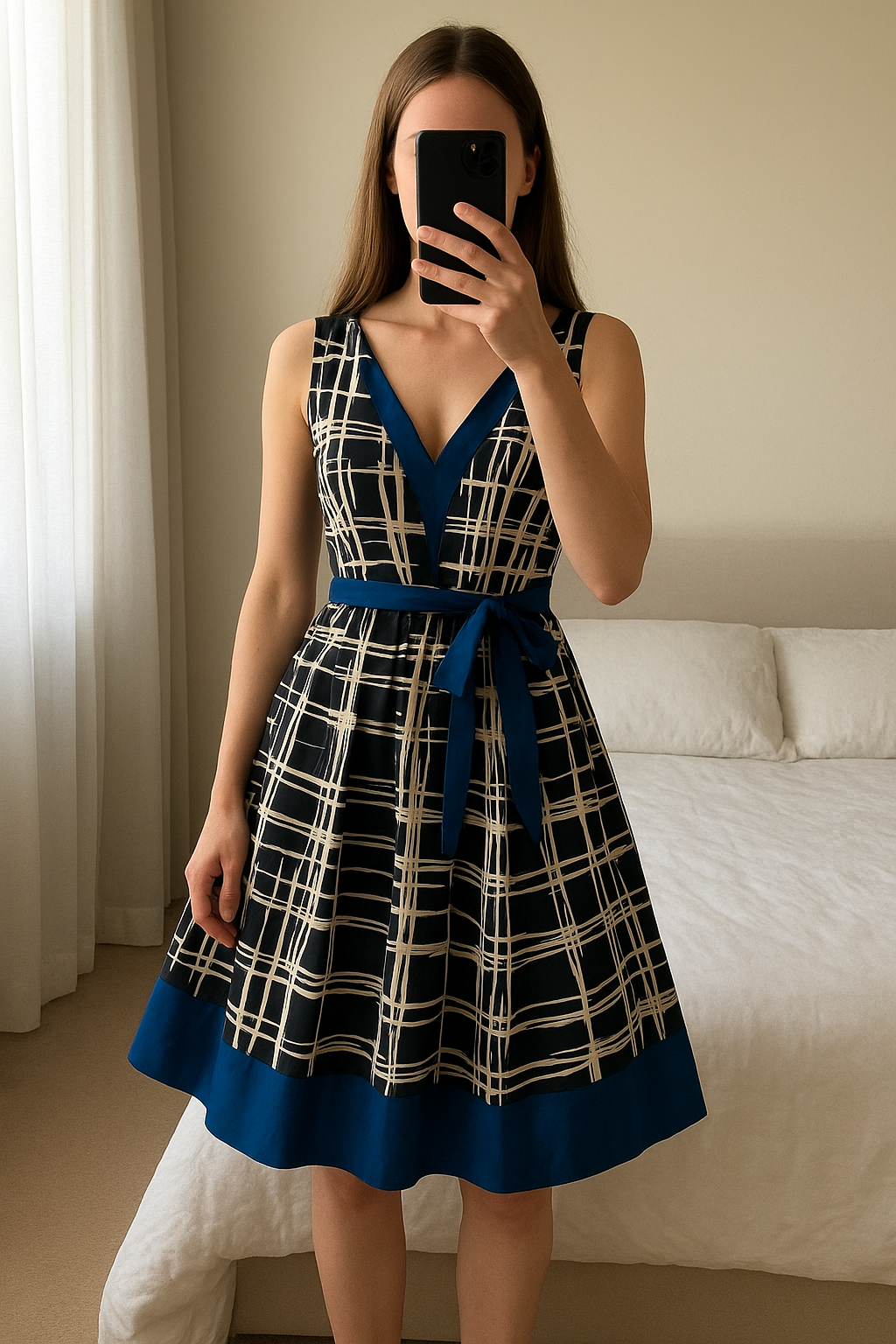 Made in Italy Black & Blue Fit and Flare Dress - size L standing straight facing the camera, in a softly lit bedroom setting, with gentle natural light filtering through a window.