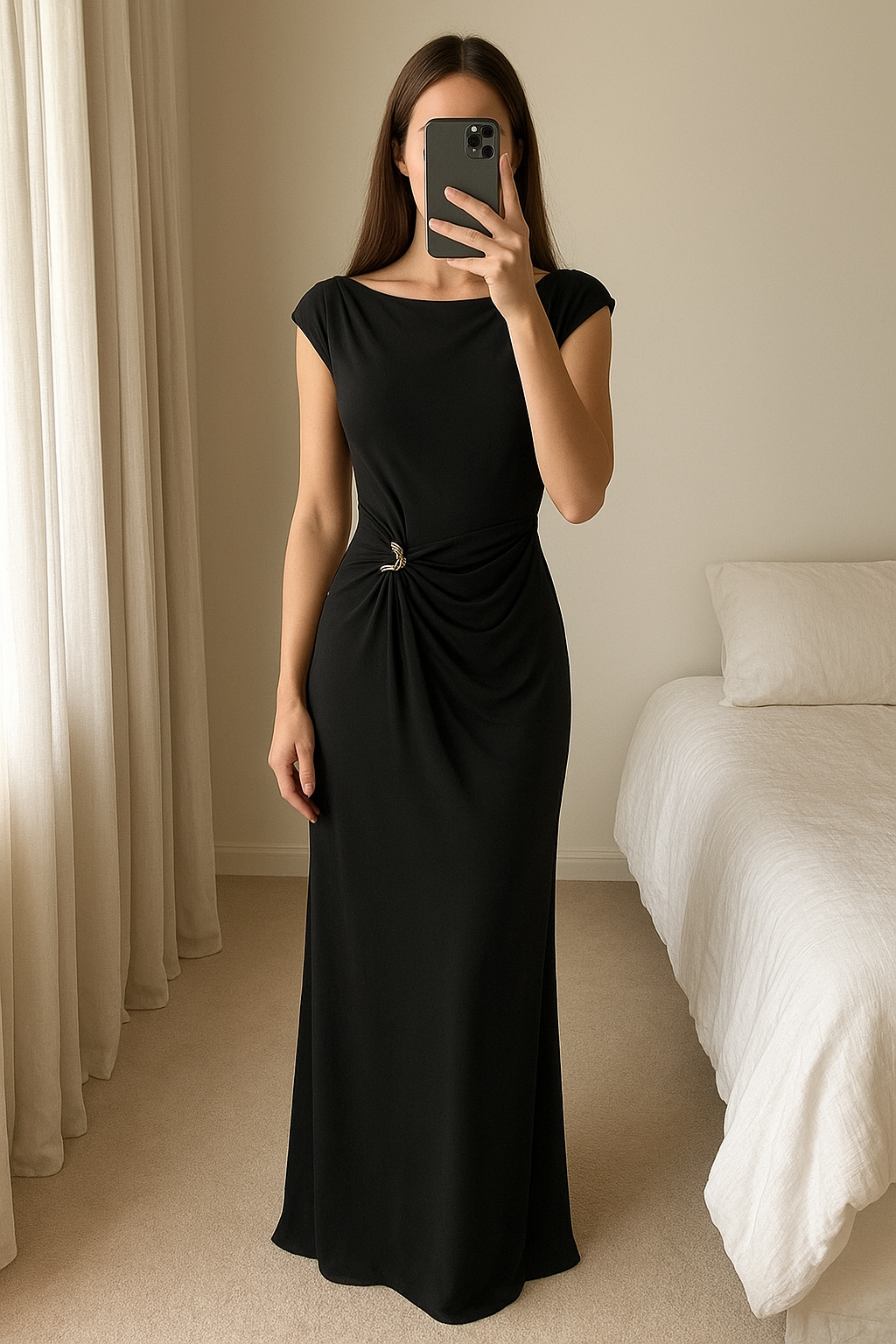 Robe noir tendance debout, face à la caméra, dans une chambre à la lumière douce, avec une lumière naturelle filtrant par la fenêtre.