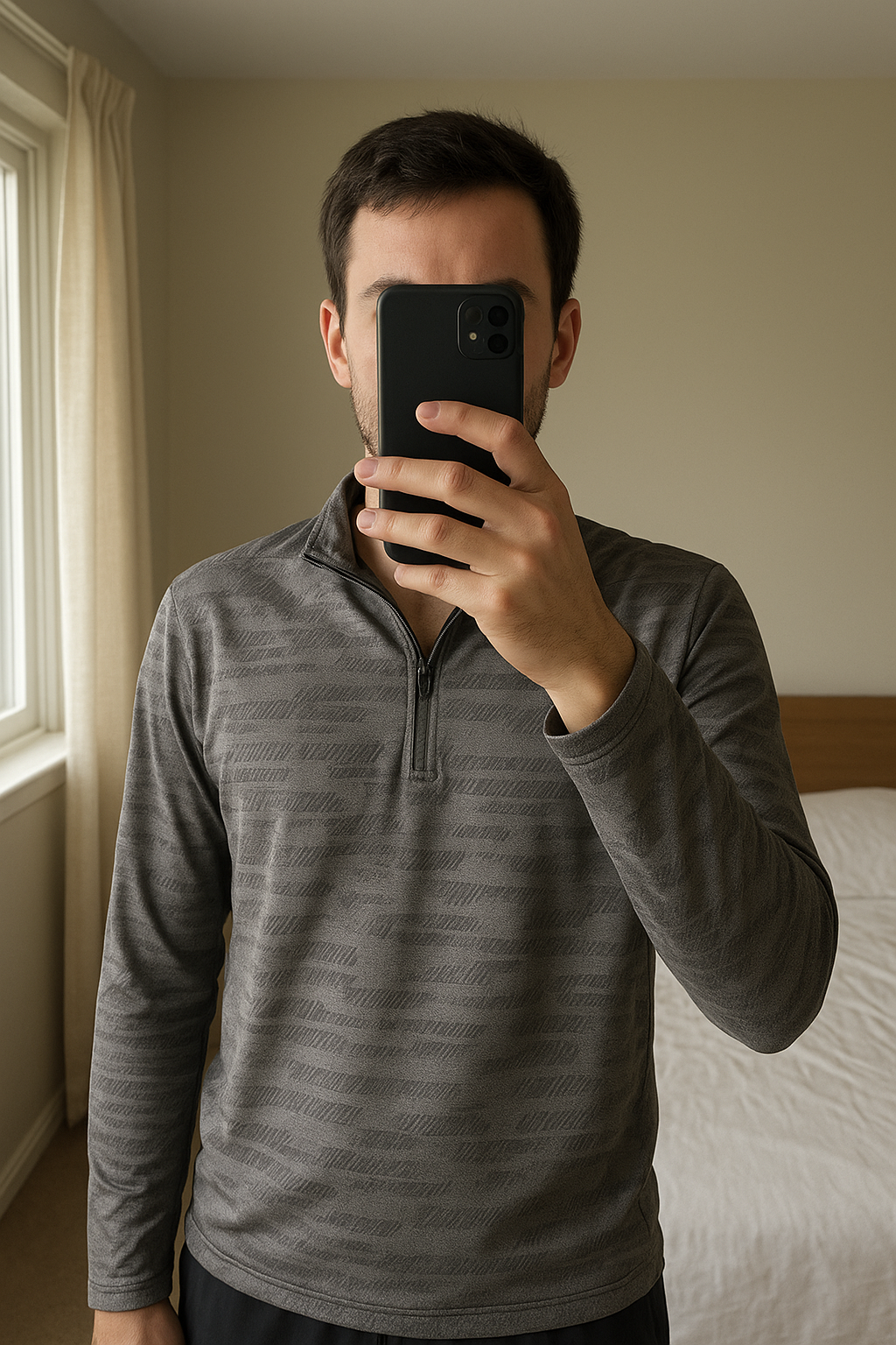 Montirex Men’s Grey Track Top standing straight facing the camera, in a softly lit bedroom setting, with gentle natural light filtering through a window.