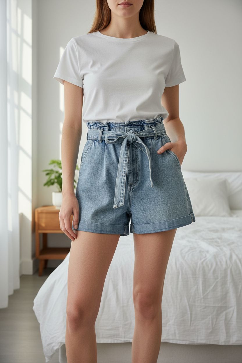 ZARA Paperbag High-Waisted Denim Shorts with Belt Light Blue Wash XS New Without Tags standing straight facing the camera, in a softly lit bedroom setting, with gentle natural light filtering through a window.