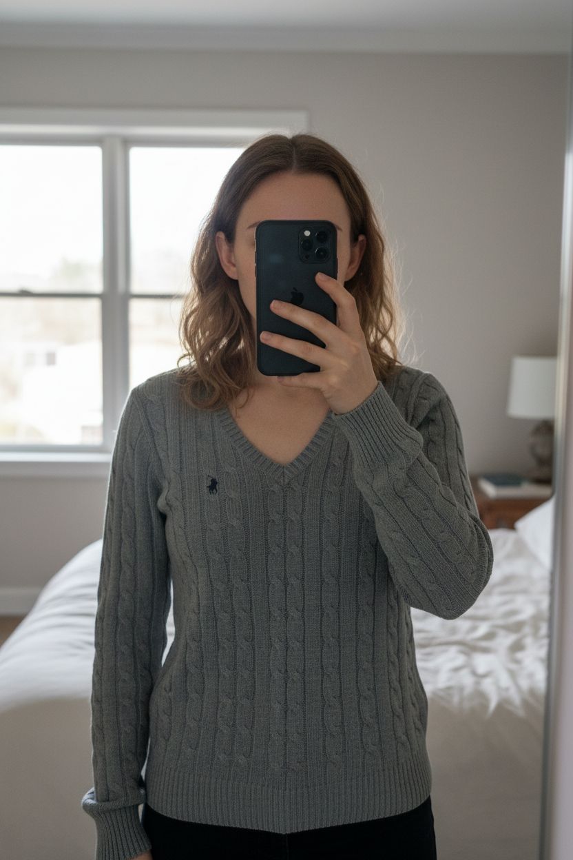 Pull Torsadé Col v 100% Coton Polo Ralph Lauren Gris S/XS debout, face à la caméra, dans une chambre à la lumière douce, avec une lumière naturelle filtrant par la fenêtre.