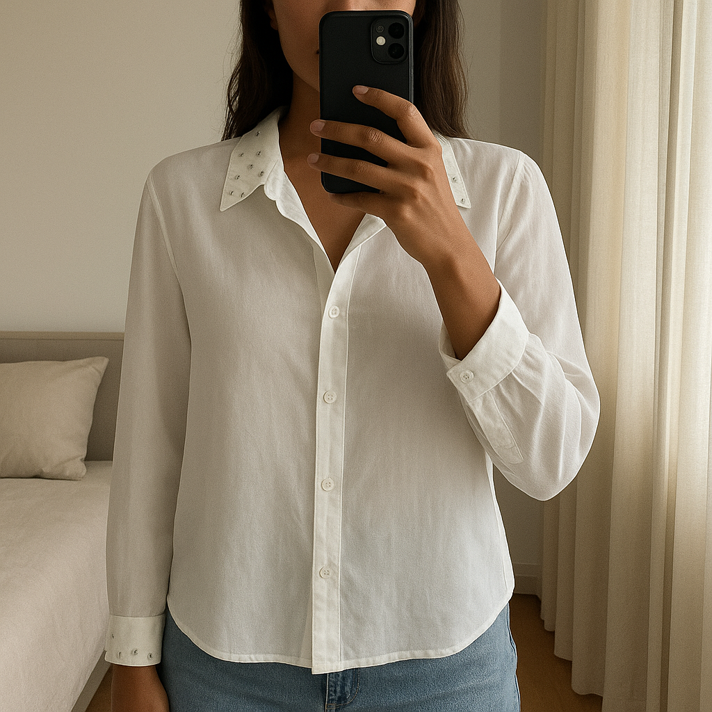 Une personne en Chemisier Zara T34 debout, face à la caméra, dans une chambre à la lumière douce, avec une lumière naturelle filtrant par la fenêtre.