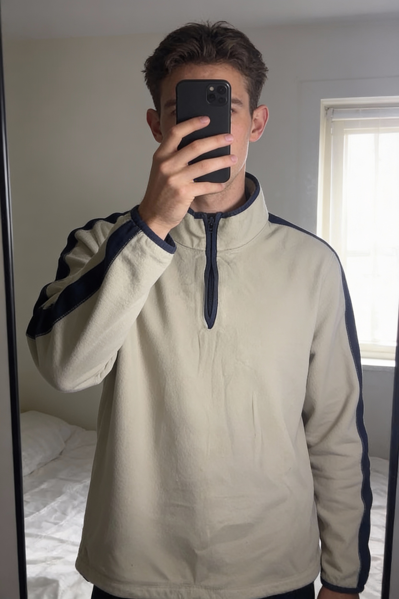 Vintage Cream Quarter Zip Fleece Sweatshirt XL – Minimalist Neutral Pullover standing straight facing the camera, in a softly lit bedroom setting, with gentle natural light filtering through a window.
