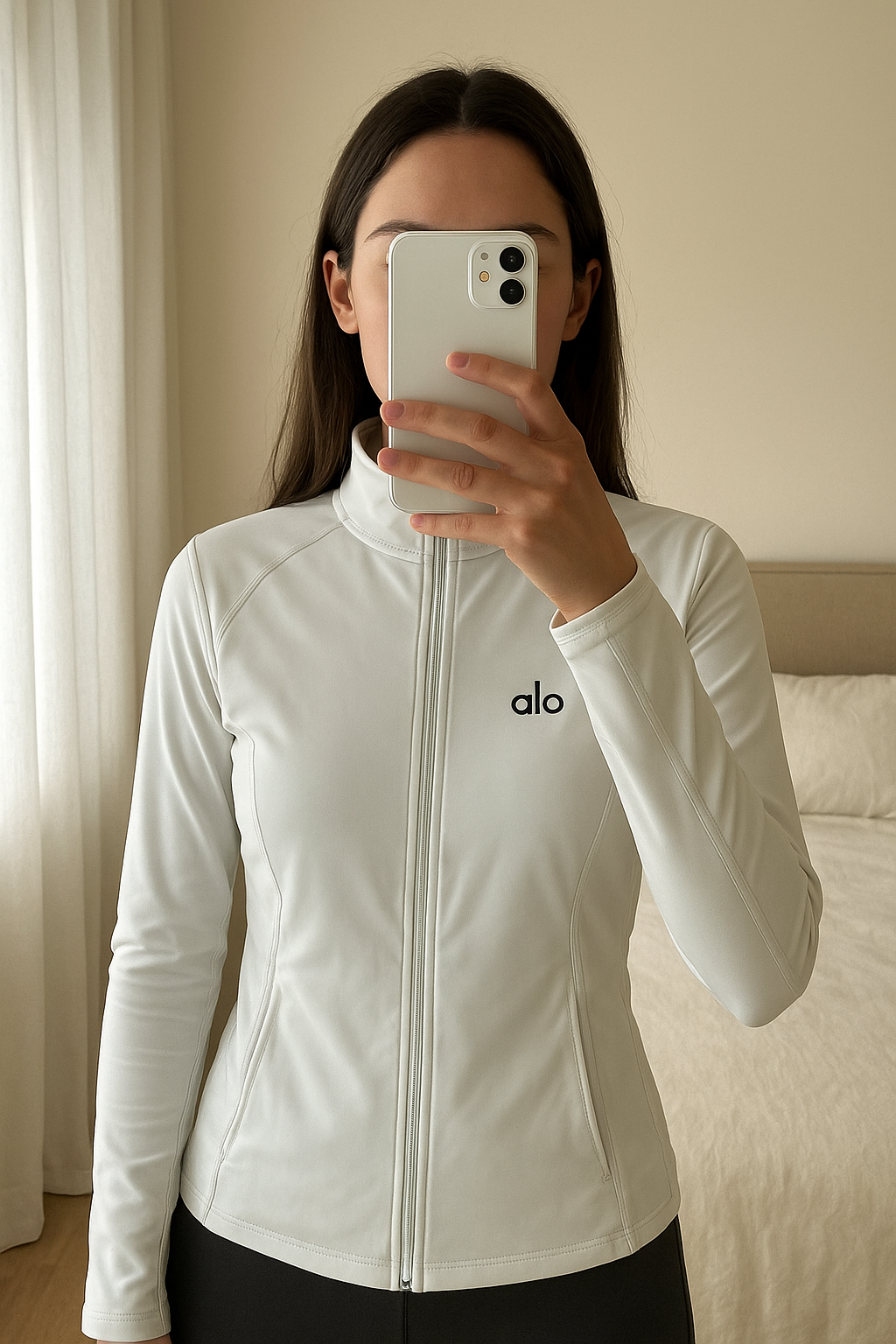 Alo veste debout, face à la caméra, dans une chambre à la lumière douce, avec une lumière naturelle filtrant par la fenêtre.