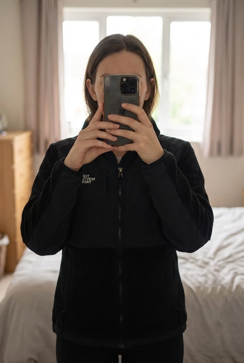 The North Face Denali Fleece Jacket – Women’s Medium – Black standing straight facing the camera, in a softly lit bedroom setting, with gentle natural light filtering through a window.