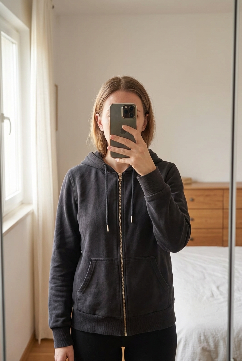 Veste zipé H&M enfant XS debout, face à la caméra, dans une chambre à la lumière douce, avec une lumière naturelle filtrant par la fenêtre.
