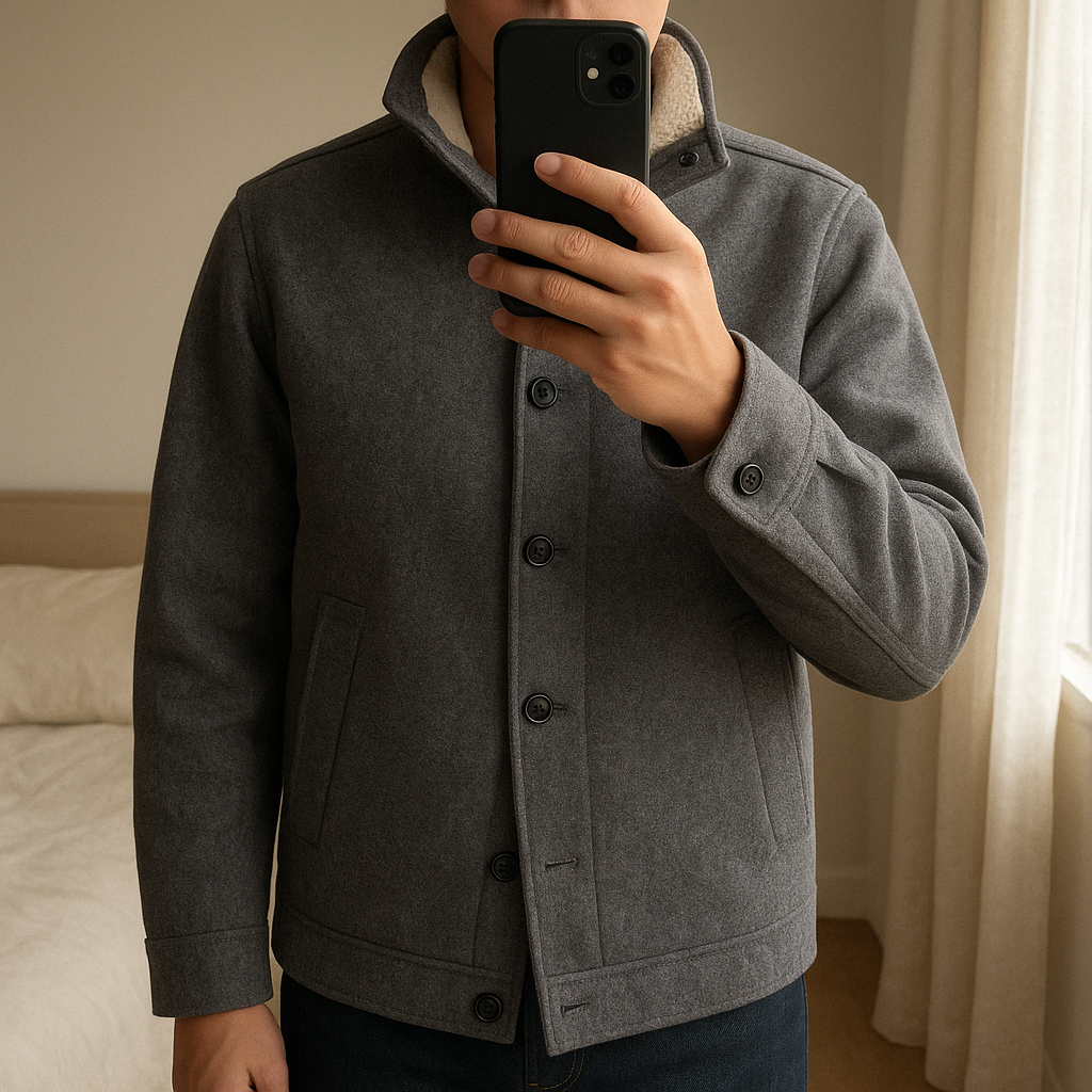 Veste caban mouton à l’intérieur gris homme taille S M debout, face à la caméra, dans une chambre à la lumière douce, avec une lumière naturelle filtrant par la fenêtre.