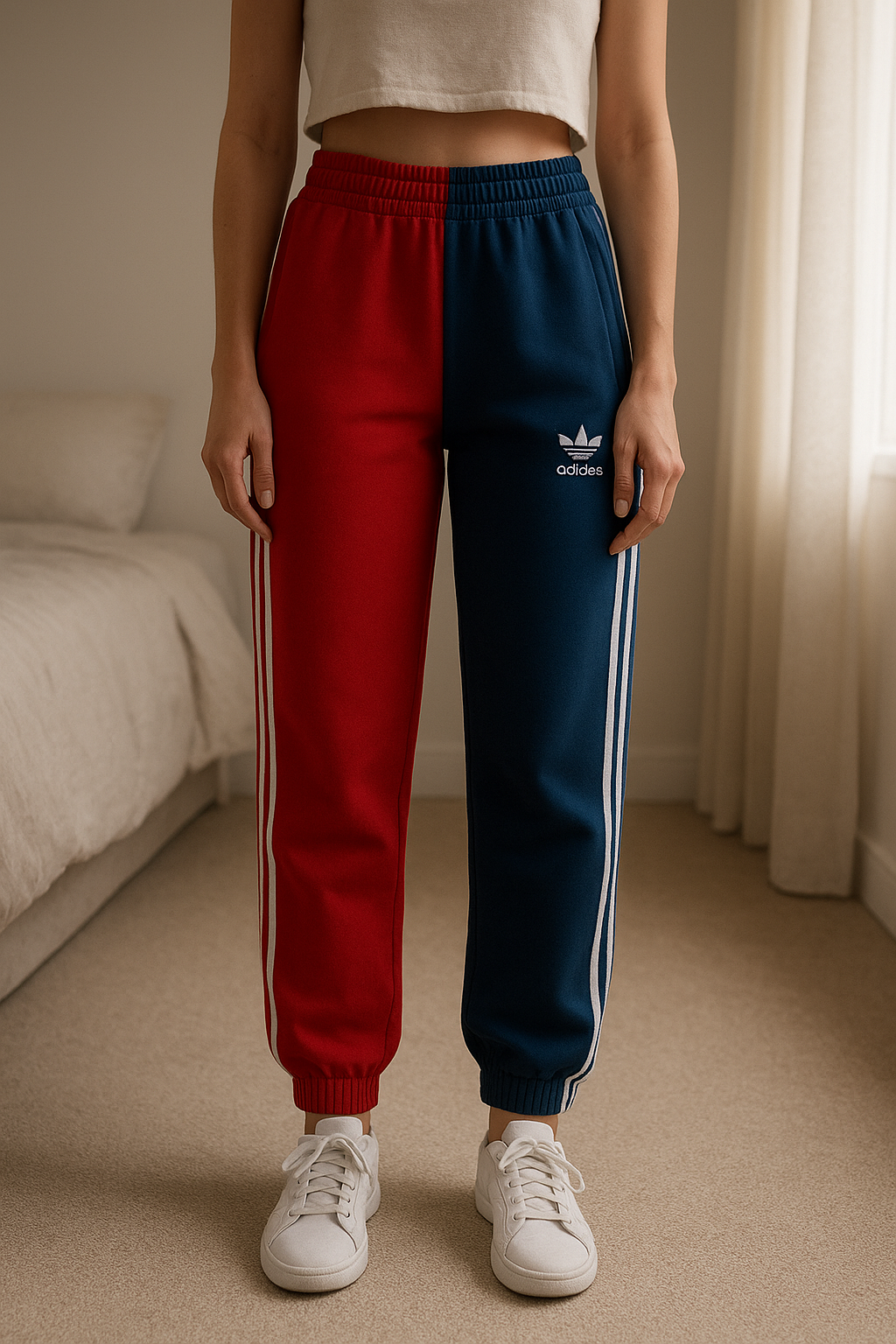 Pantalons de jogging debout, face à la caméra, dans une chambre à la lumière douce, avec une lumière naturelle filtrant par la fenêtre.
