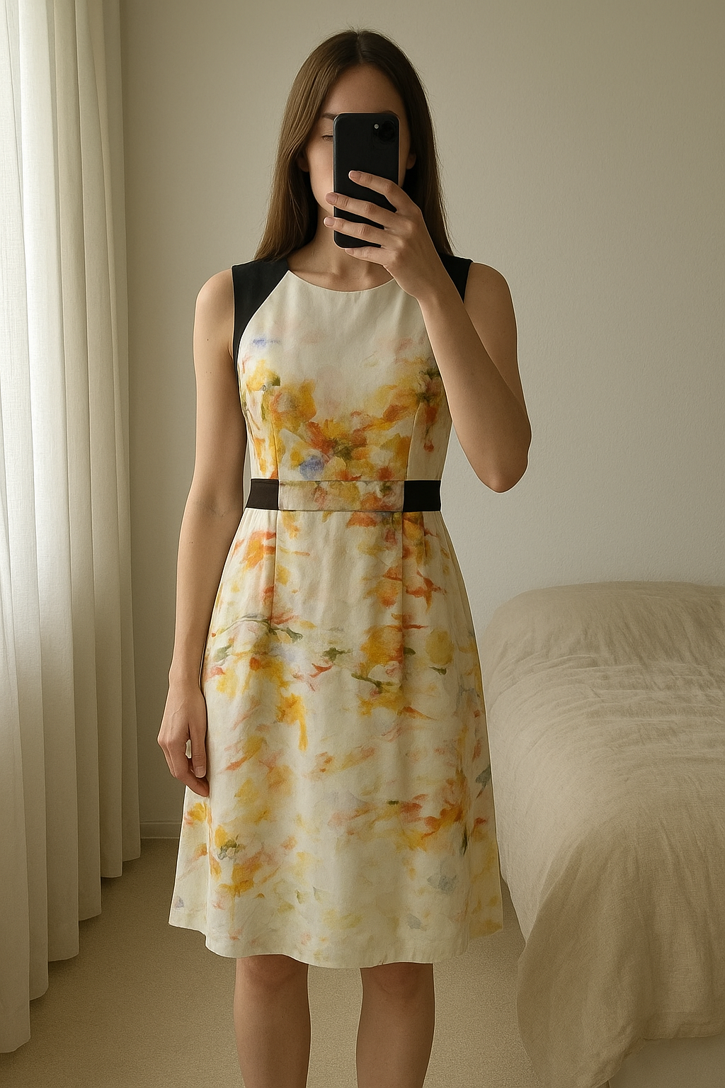 tres belle robe ceintrée façon aquarelle sinéquanone debout, face à la caméra, dans une chambre à la lumière douce, avec une lumière naturelle filtrant par la fenêtre.