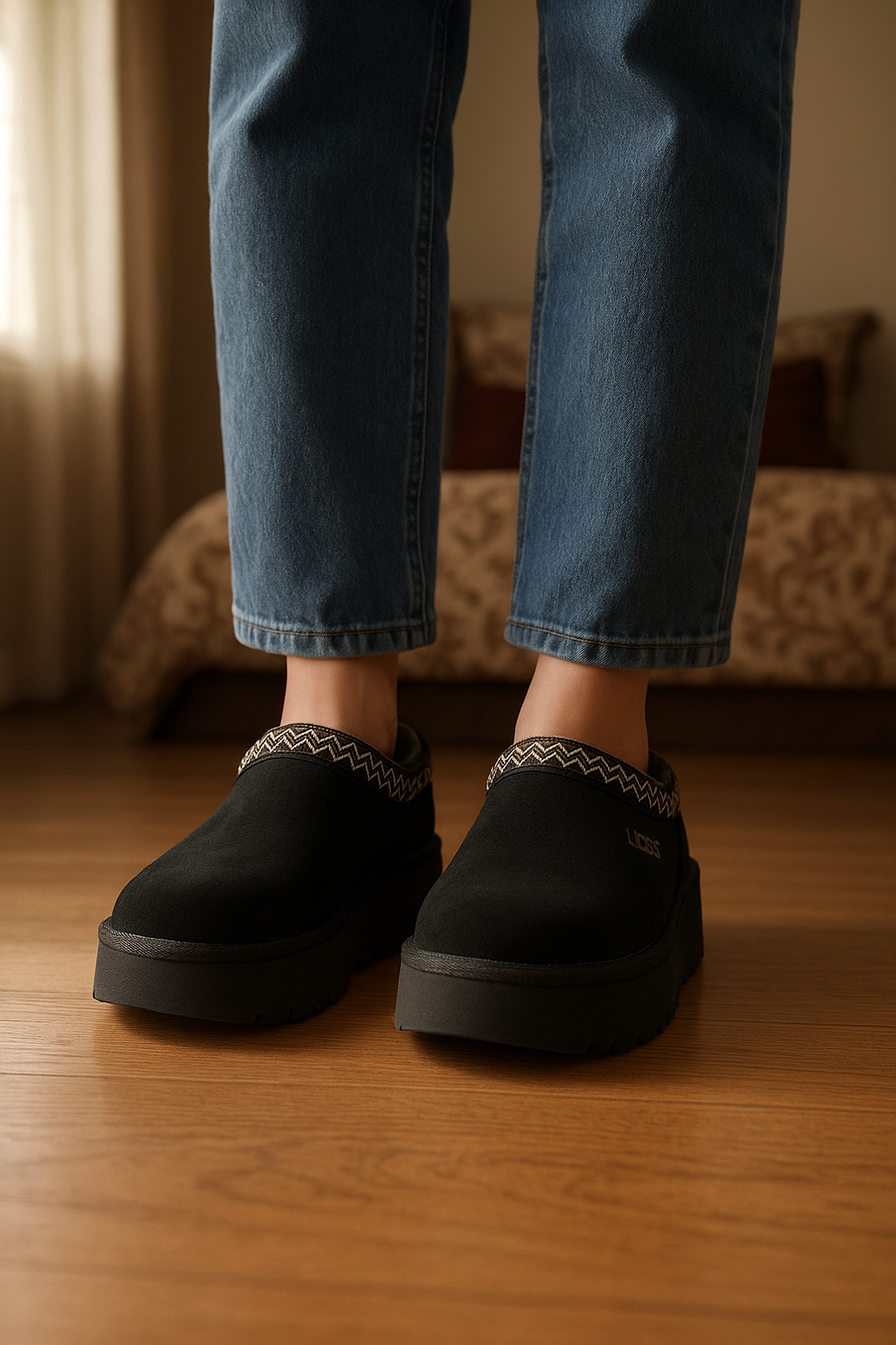 Ugg noire debout, face à la caméra, dans une chambre à la lumière douce, avec une lumière naturelle filtrant par la fenêtre.