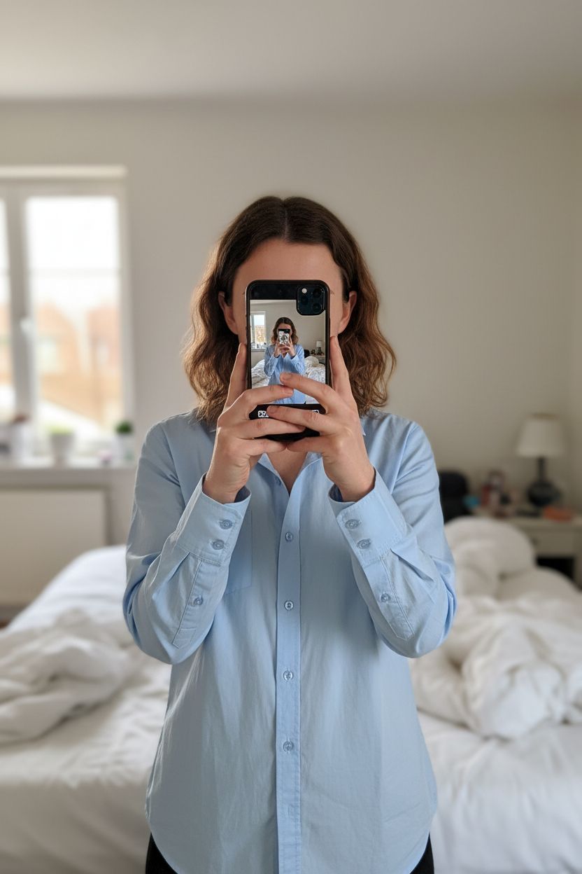 Chemise manche longue debout, face à la caméra, dans une chambre à la lumière douce, avec une lumière naturelle filtrant par la fenêtre.