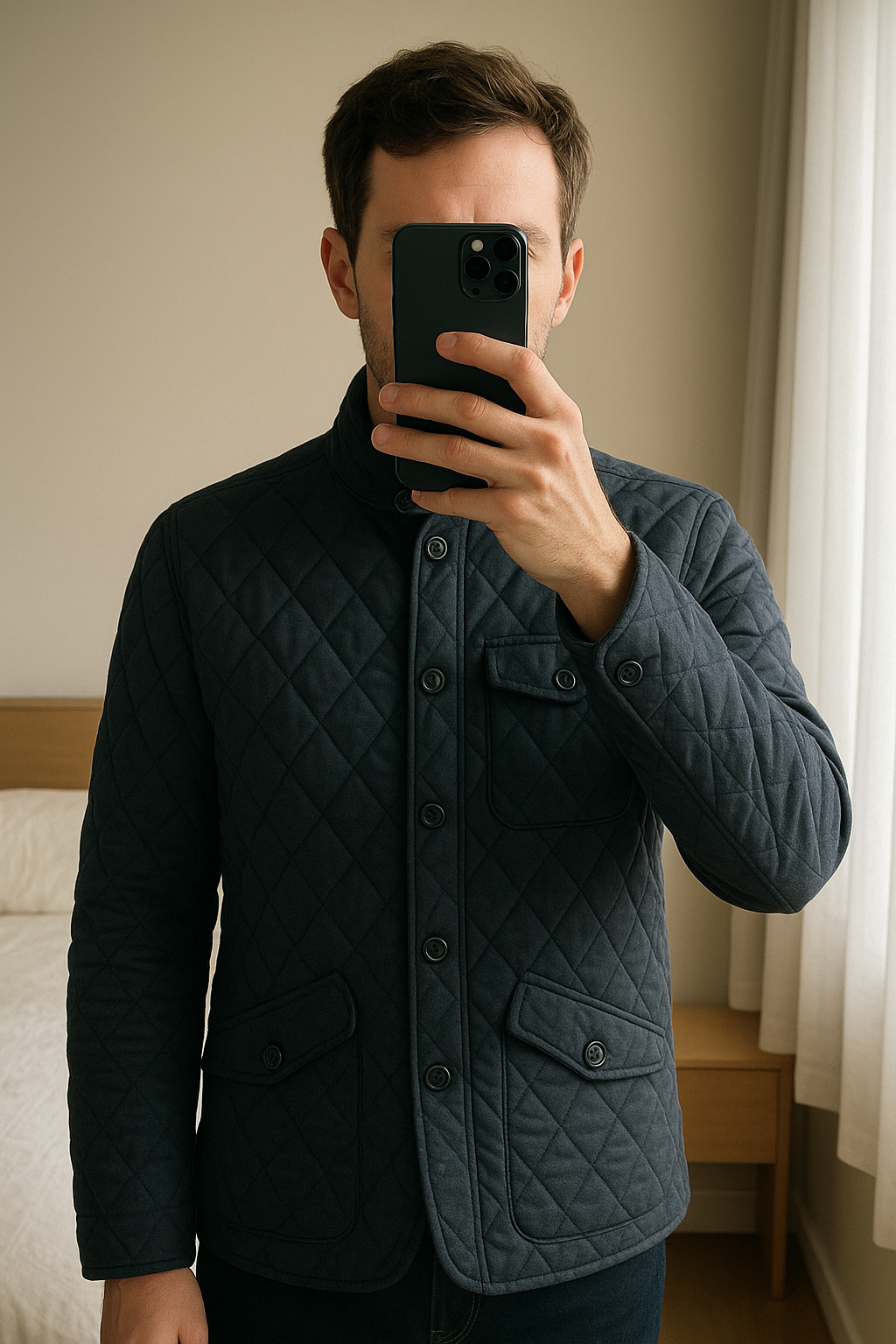 Men’s size large Duck and Cover padded jacket standing straight facing the camera, in a softly lit bedroom setting, with gentle natural light filtering through a window.