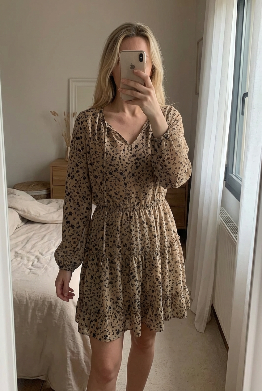 Robe beige fleur noire femme s debout, face à la caméra, dans une chambre à la lumière douce, avec une lumière naturelle filtrant par la fenêtre.