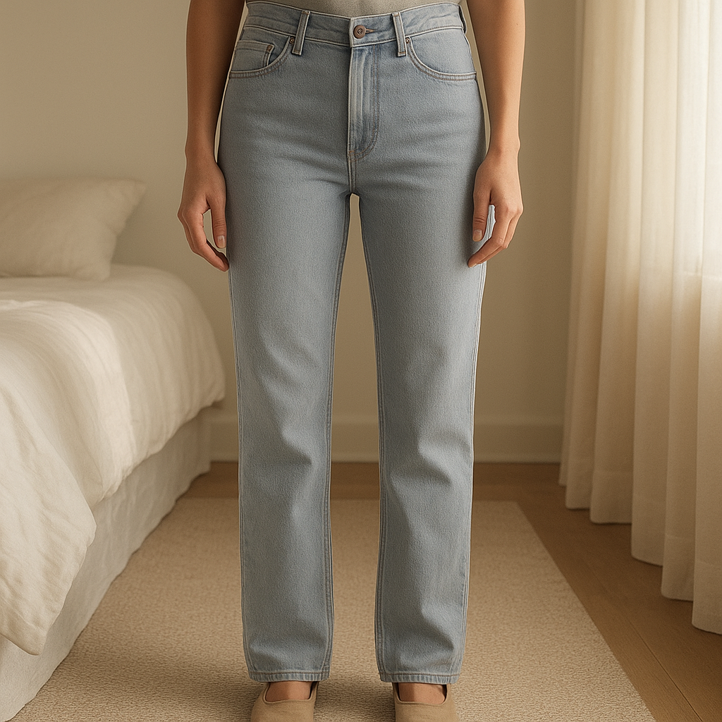 White Stuff Women's Grey Slim Fit High Rise Jeans - Size 10 standing straight facing the camera, in a softly lit bedroom setting, with gentle natural light filtering through a window.