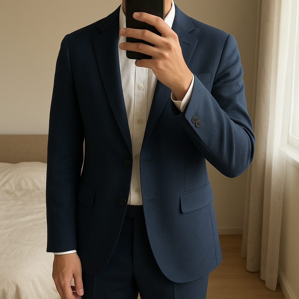 Costume de mariage bleu debout, face à la caméra, dans une chambre à la lumière douce, avec une lumière naturelle filtrant par la fenêtre.
