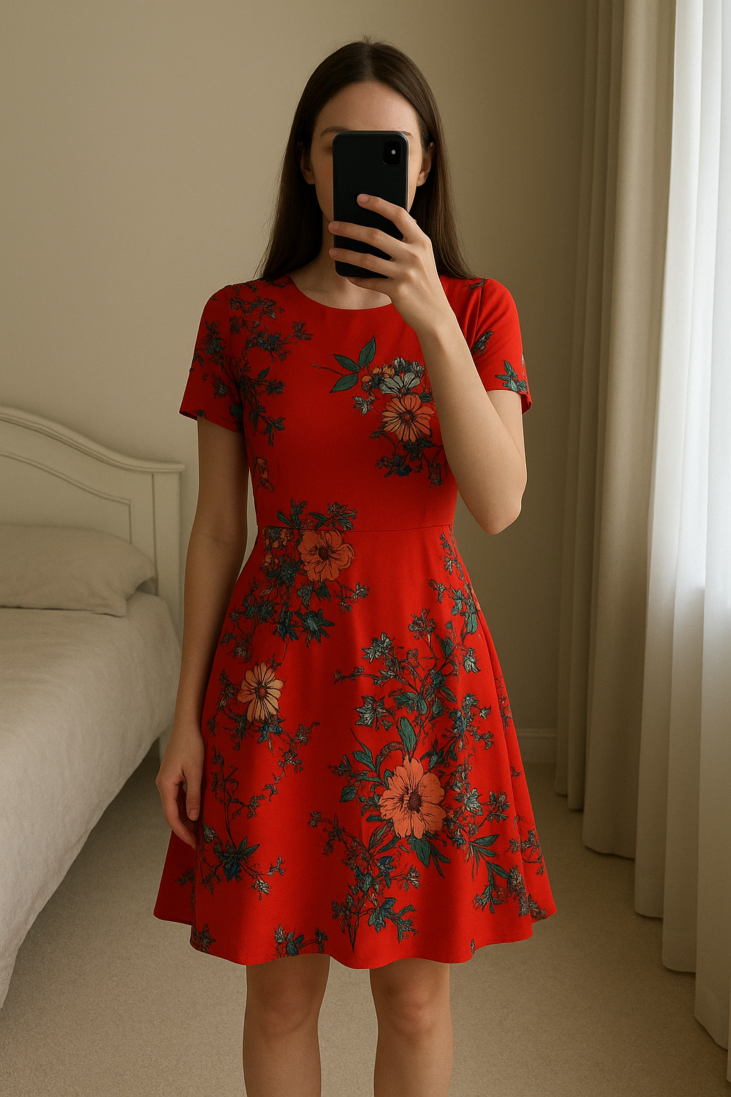 Dorothy Perkins dress size 18 standing straight facing the camera, in a softly lit bedroom setting, with gentle natural light filtering through a window.