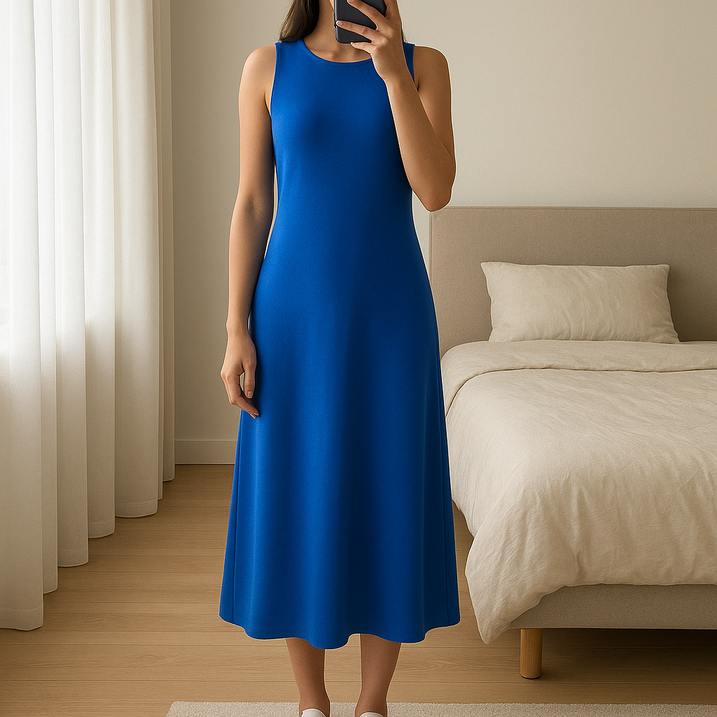 Jolie robe chic Kiabi taille L debout, face à la caméra, dans une chambre à la lumière douce, avec une lumière naturelle filtrant par la fenêtre.