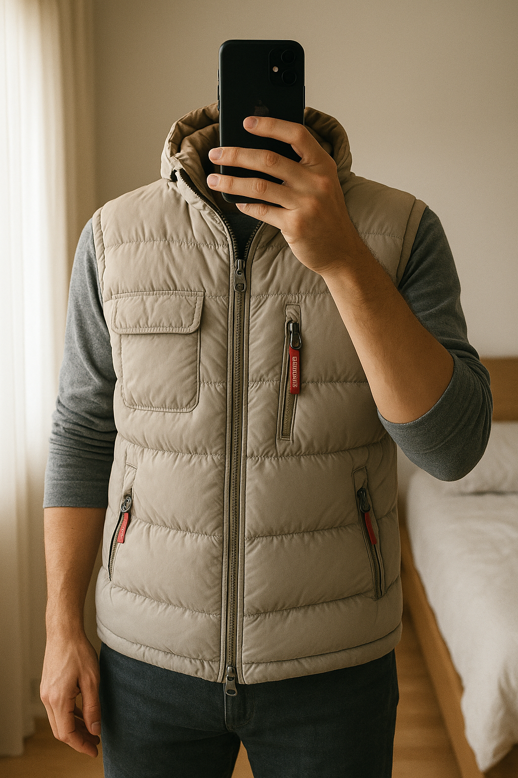 Doudoune sans manches réversible Anapurna thermic polar arctic vintage logo brodé - beige & noir debout, face à la caméra, dans une chambre à la lumière douce, avec une lumière naturelle filtrant par la fenêtre.