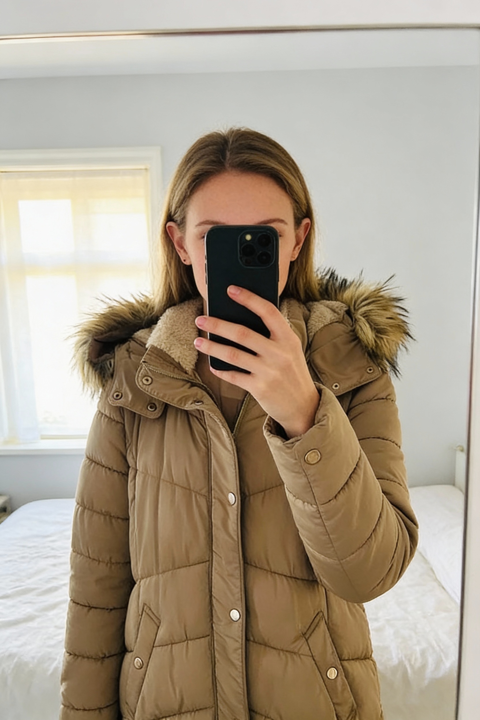 New look coat standing straight facing the camera, in a softly lit bedroom setting, with gentle natural light filtering through a window.