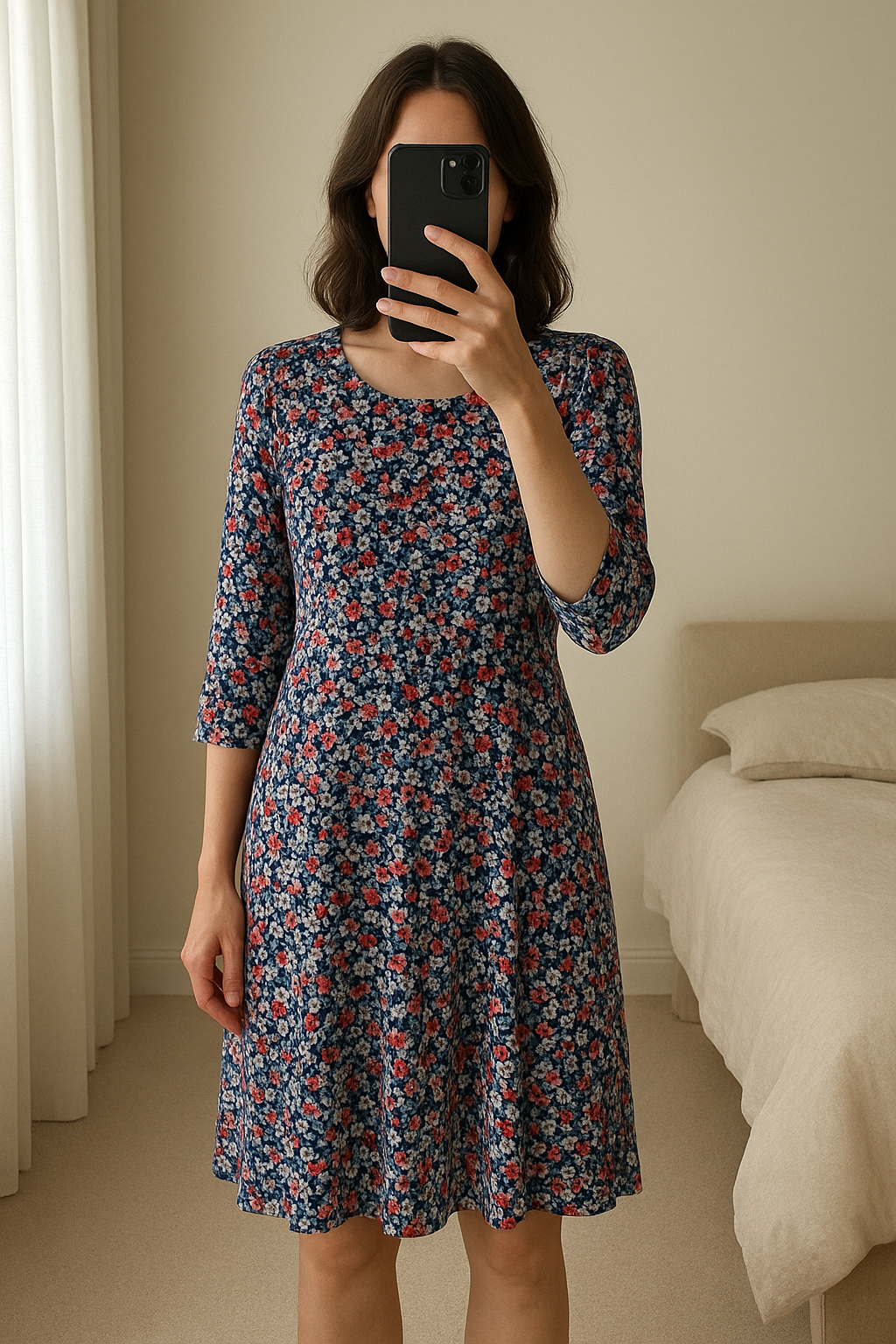 Robe trapèze neuf debout, face à la caméra, dans une chambre à la lumière douce, avec une lumière naturelle filtrant par la fenêtre.